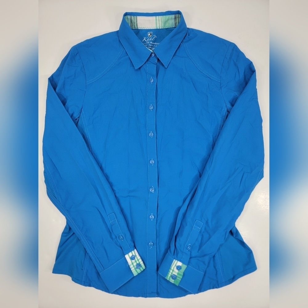 KUHL Shirt Women Small Sojourn Mountain Cabin Camping Gorpcore Blue Nylon Hiking